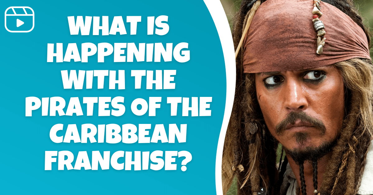 Close-up of Captain Jack Sparrow on a blue background next to large white text reading "What is happening with the Pirates of the Caribbean franchise?"