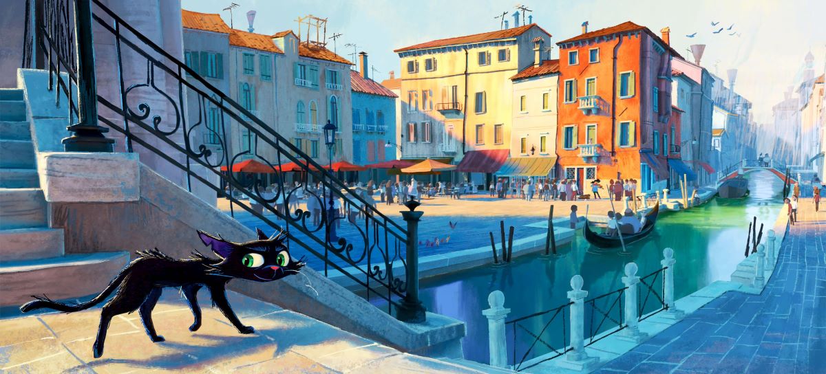A black animated cat with large green eyes, named Nero, exploring a sunlit stone staircase in a vibrant Italian city setting with canals, buildings, and people in the background, from Pixar's Gatto