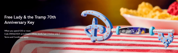 A banner displayed on the Disney Store UK's site, showcasing the Lady and the Tramp 70th anniversary key gift with purchase.