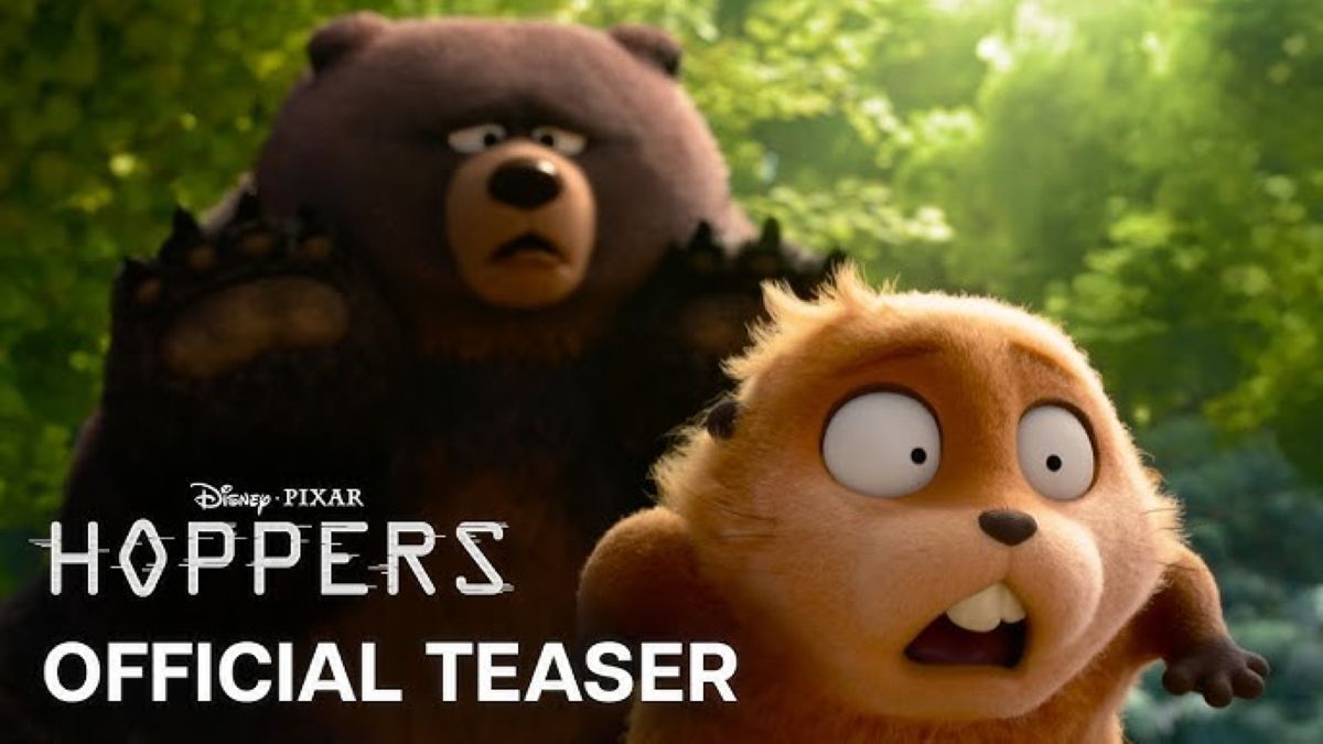 Pixar's Hoppers teaser trailer thumbnail showing an animated beaver and bear