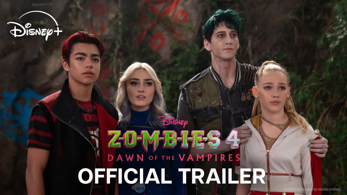 Promotional image for Disney's Zombies 4: Dawn of the Vampires, showing four young main characters, including a male with green hair and zombie-like features, and a female with blonde hair. The Disney+ logo is in the top left, and the film's title 'Z-O-M-B-I-E-S 4 Dawn of the Vampires' and 'OFFICIAL TRAILER' text are displayed prominently.