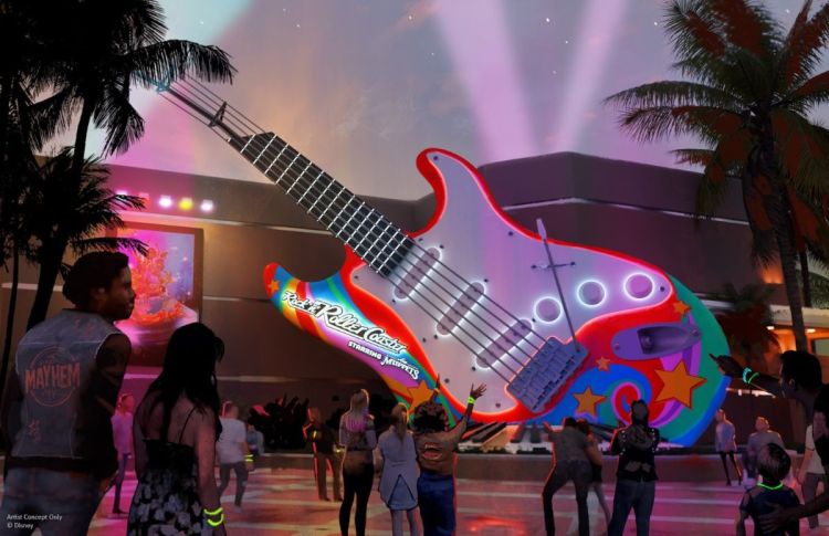 Concept art of the reimagined Rock 'n' Roller Coaster courtyard at night, featuring a giant red guitar marquee with psychedelic patterns and bright spotlights.