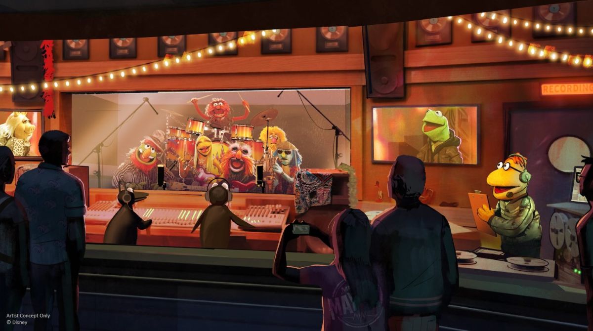 Concept art of the Rock 'n' Roller Coaster recording studio pre-show, showing The Electric Mayhem band members jamming behind glass while Scooter and penguins look on from the control booth.