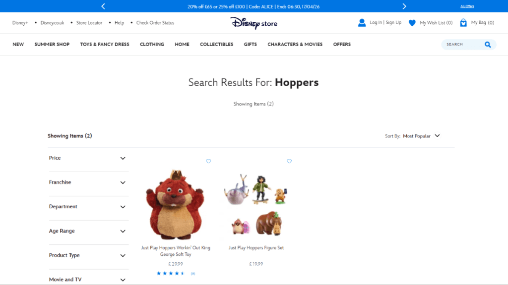 A screenshot of the Disney Store UK website showing only two results for "Hoppers"—a King George soft toy and a character figure set—highlighting the lack of merchandise for the new Pixar film.