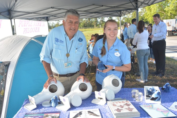 Two Disney Cast Members standing behind a table at the Purple Martin Palooza event, showing the white pumpkin-shaped bird houses and educational materials.