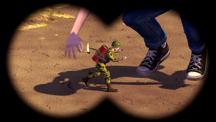 A binocular view of a green camouflage Combat Carl action figure with a firecracker strapped to its back, running as Sid's hand lights the fuse.
